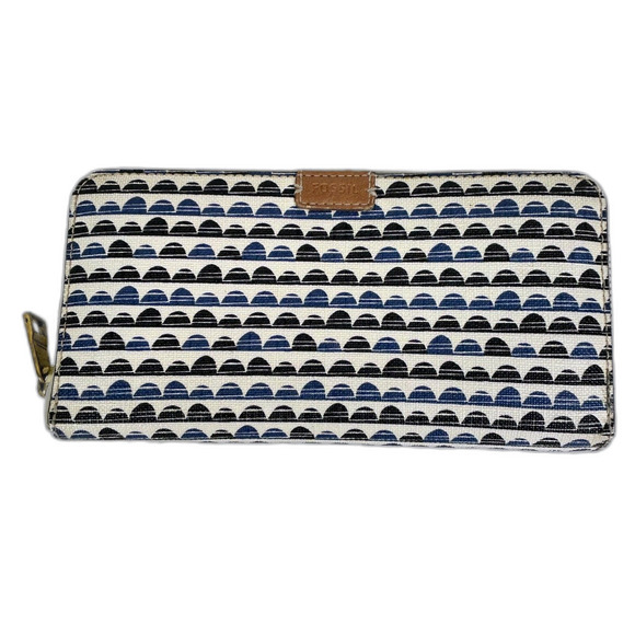 FOSSIL EMMA RFID Zip Around Continental Wallet Blue Tan Cream Geometric Pattern - Picture 1 of 11